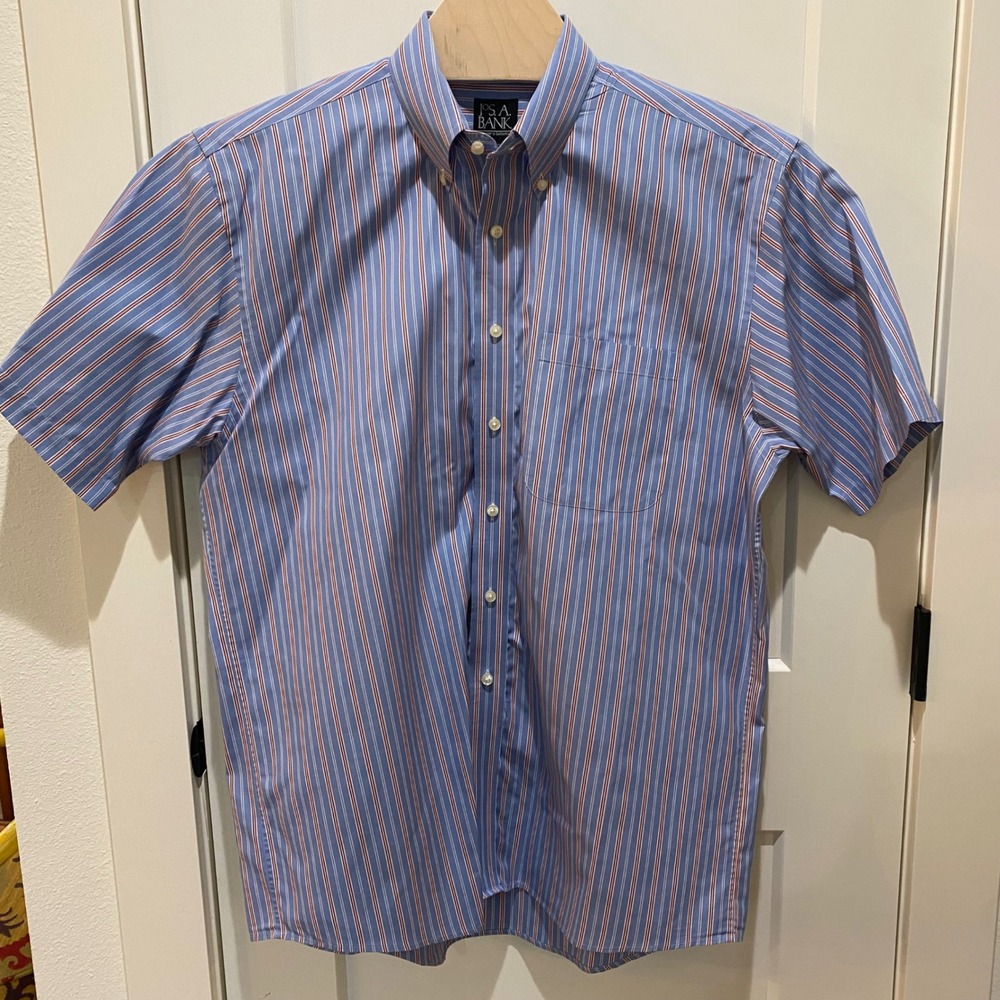 Jos. A. Bank Mens Traveler Collection Short Sleeve Striped Button Down Shirt L